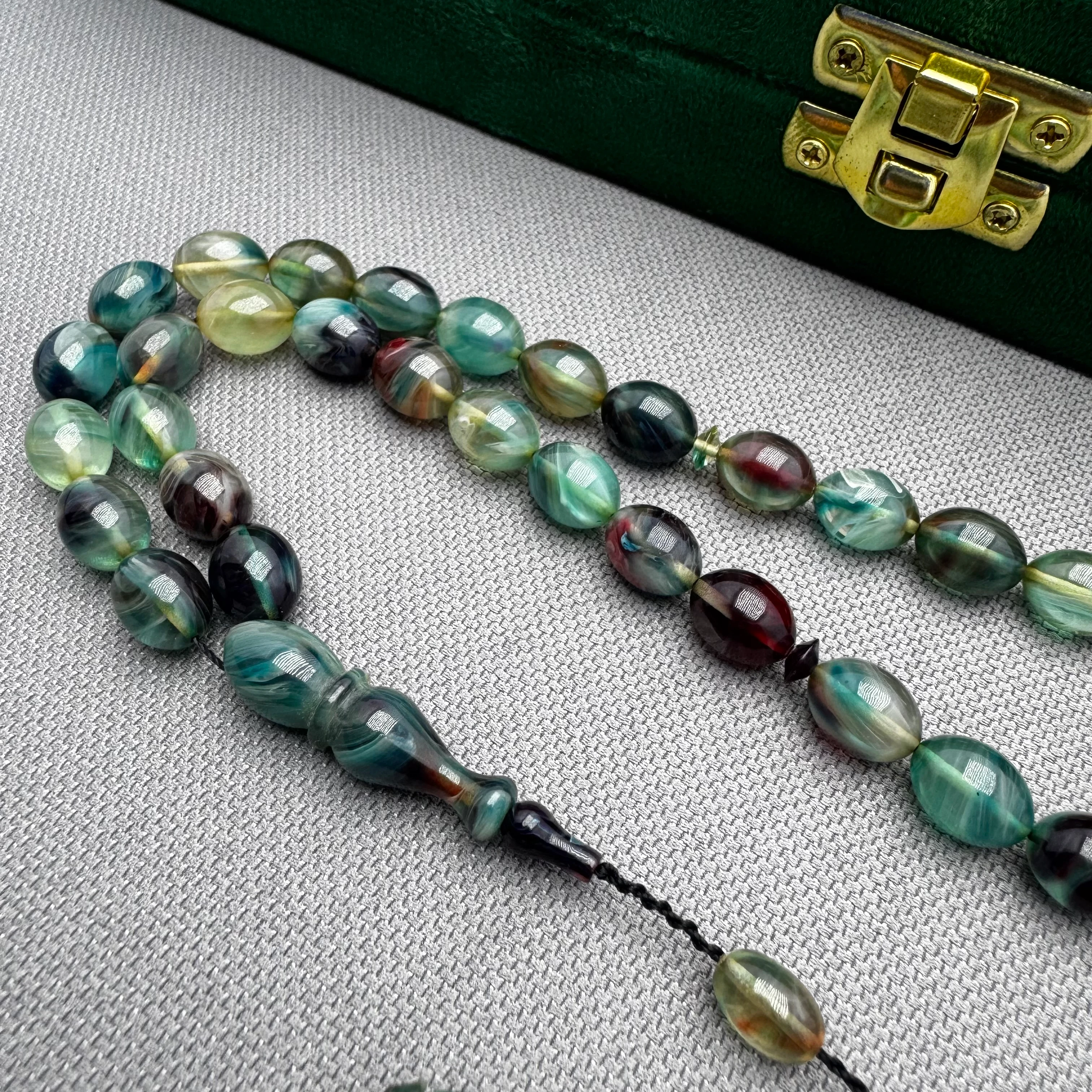 Ayhan TURAN Usta İşçilikli Hareli Renk Süzmeli Beyzi Kesim Ateş Kehribar Tespih